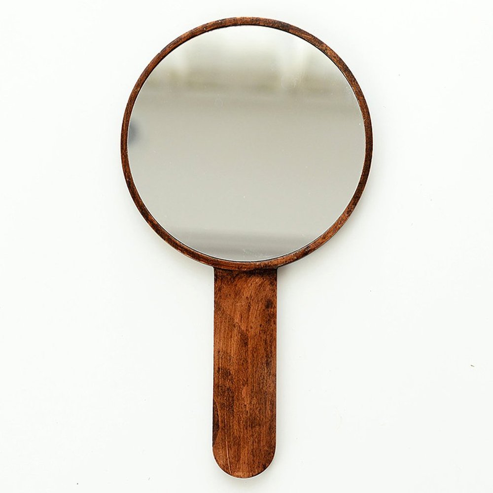 Makeup Mirror Retro Wood HD Portable Beauty Salon Handheld Mirror Professional Hand Mirror Hairdressers Paddle Mirror Tool