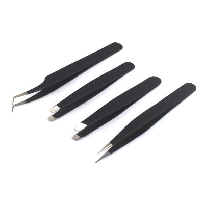 Professional Tweezer Pack- 4 Tweezers Set- Ingrown Hair Remover Treatment. Premium Eyebrow Shaper. (Black Coated) Color Tweezers With Pouch. By G.S ONLINE STORE