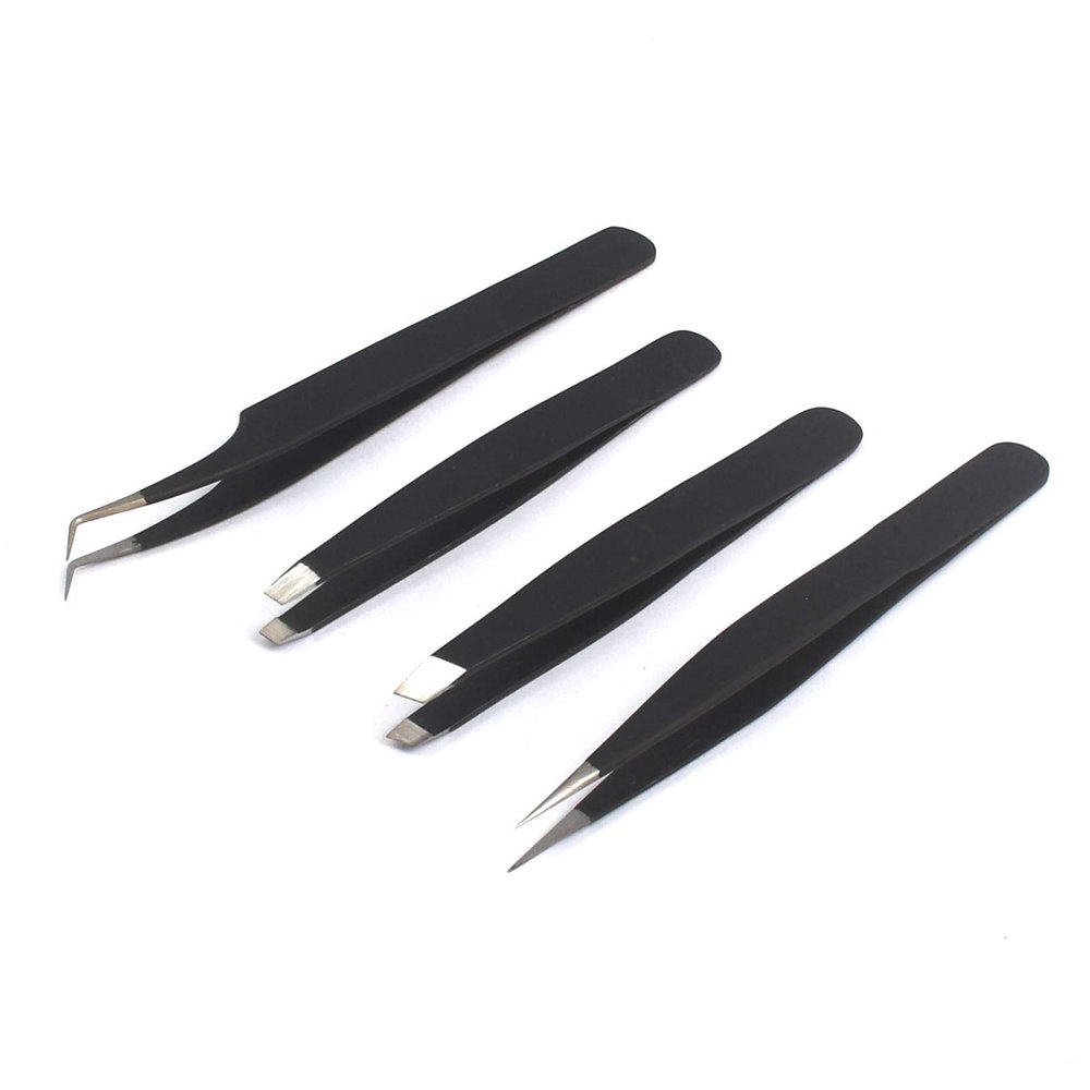 Professional Tweezer Pack- 4 Tweezers Set- Ingrown Hair Remover Treatment. Premium Eyebrow Shaper. (Black Coated) Color Tweezers With Pouch. By G.S ONLINE STORE