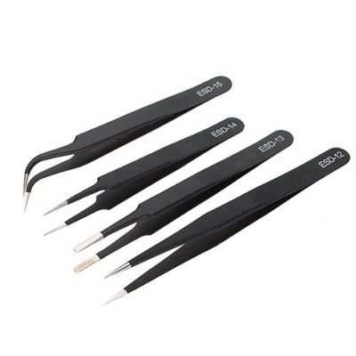 AKOAK 4 Pcs ESD Tweezers Set Anti-Static Tweezers Stainless Steel Tweezers for Eyelash Extension,Electronics, Jewelry-making - Straight and Curved Tip Tweezers - Black
