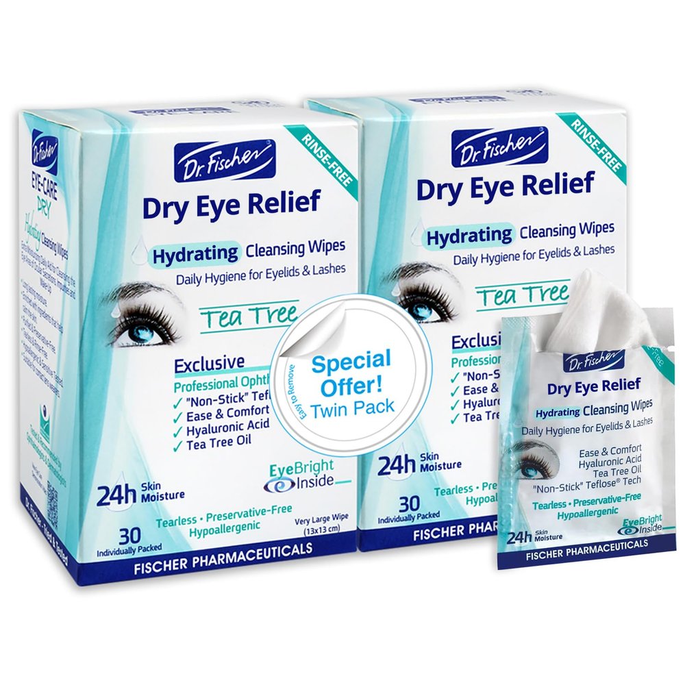 Dr. Fischer Tea Tree Eyelid Wipes for Dry Eyes - Gentle Eye Wipes for Everyday Eye Conditions and Hypoallergenic Makeup Remover (60 Wipes)