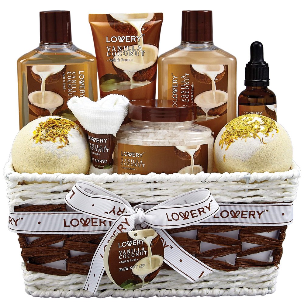 Gifts For Women Gift Basket for Women 9 Piece Christmas Gifts Set of Vanilla Coconut Home Spa Set, Luxurious Holiday Bath and Body Sets Includes Fragrant Lotions, Extra Large Bath Bombs, Coconut Oil