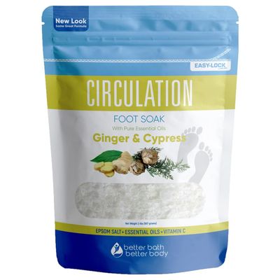 Circulation Foot Soak 32 Ounces (2 Lbs) Epsom Salt with Pure Essential Oils Ginger and Cypress Essential Oils Plus Vitamin C in BPA Free Pouch with Easy Press Lock Seal