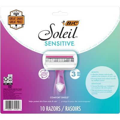 BIC Soleil 3 Sensitive Women's Disposable 3 Blade Razors, Comfort Shield and Aloe Vera Moisture Strip, 10-Pack