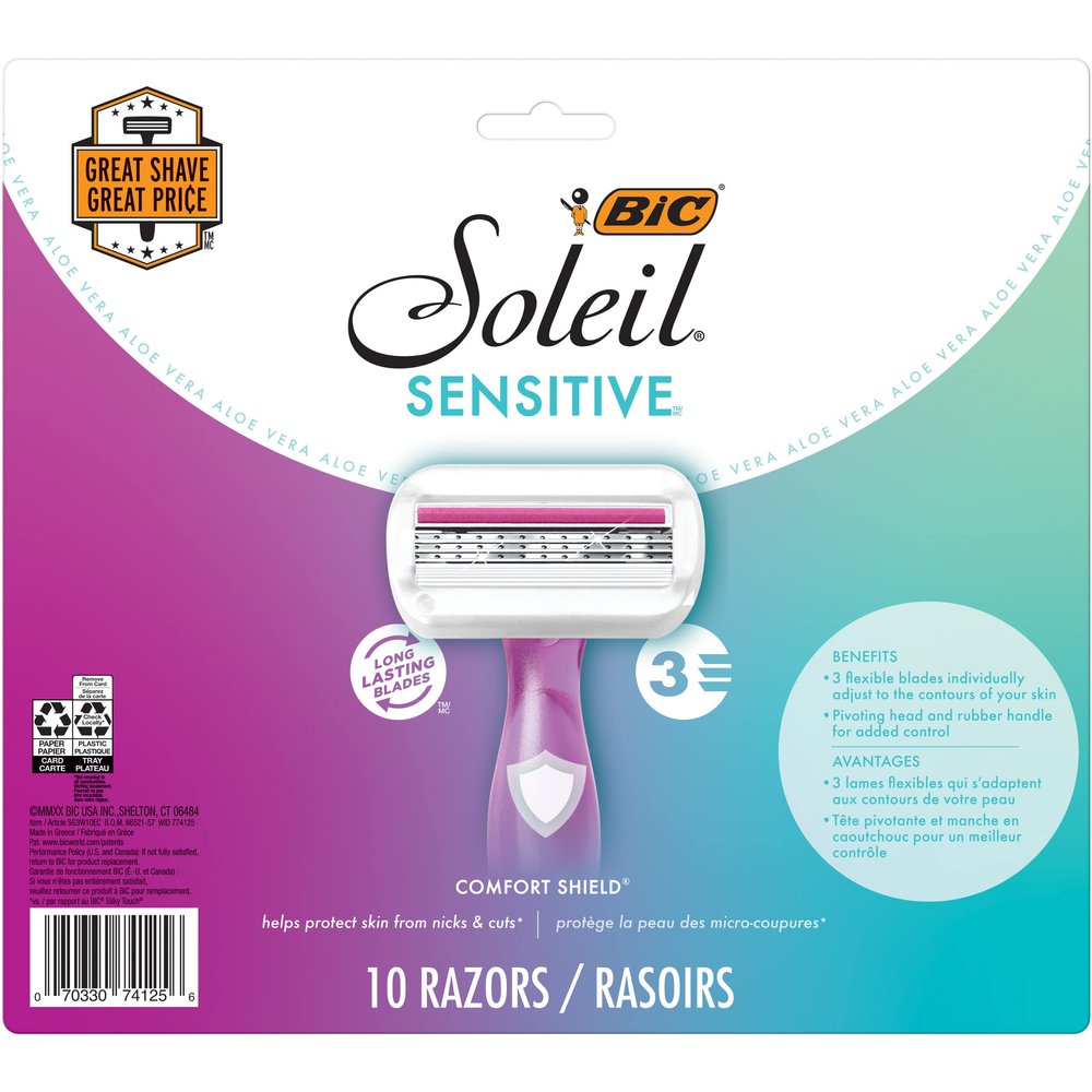 BIC Soleil 3 Sensitive Women's Disposable 3 Blade Razors, Comfort Shield and Aloe Vera Moisture Strip, 10-Pack