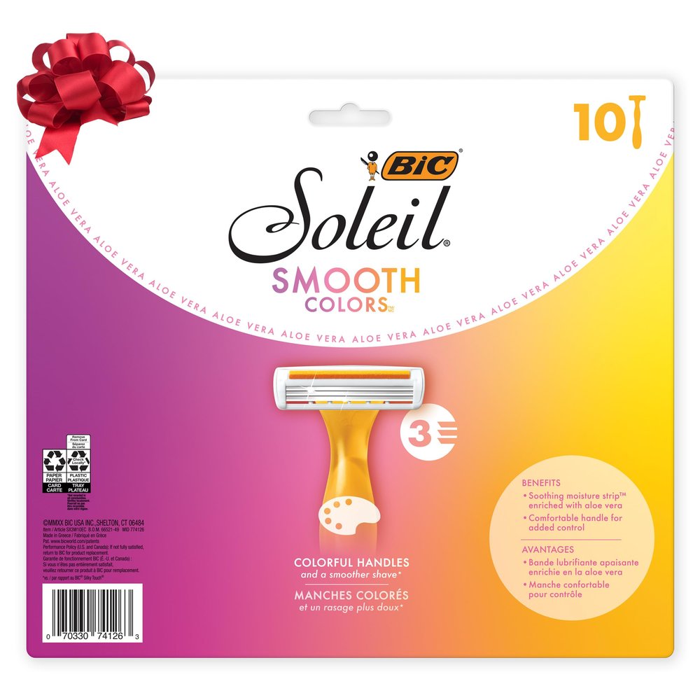 BIC Soleil 3 Colors Women's Disposable with 3 Blade Razors, Aloe Vera, Colorful Stocking Stuffers for Women, 10-Pack