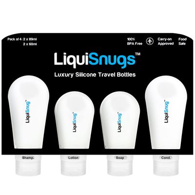 LiquiSnugs Premium - 100% Guaranteed Leak Proof Silicone Travel Bottles For Toiletries - TSA Approved Container. Premium Range Travel Shampoo Bottles with Suction Cups and Adjustable Labels