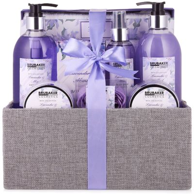 BRUBAKER Cosmetics Bath & Body Set Basket - Lavender & Mint Scent - 12 Pcs Luxury Home Spa Gift Basket
