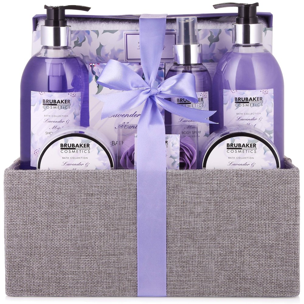 BRUBAKER Cosmetics Bath & Body Set Basket - Lavender & Mint Scent - 12 Pcs Luxury Home Spa Gift Basket
