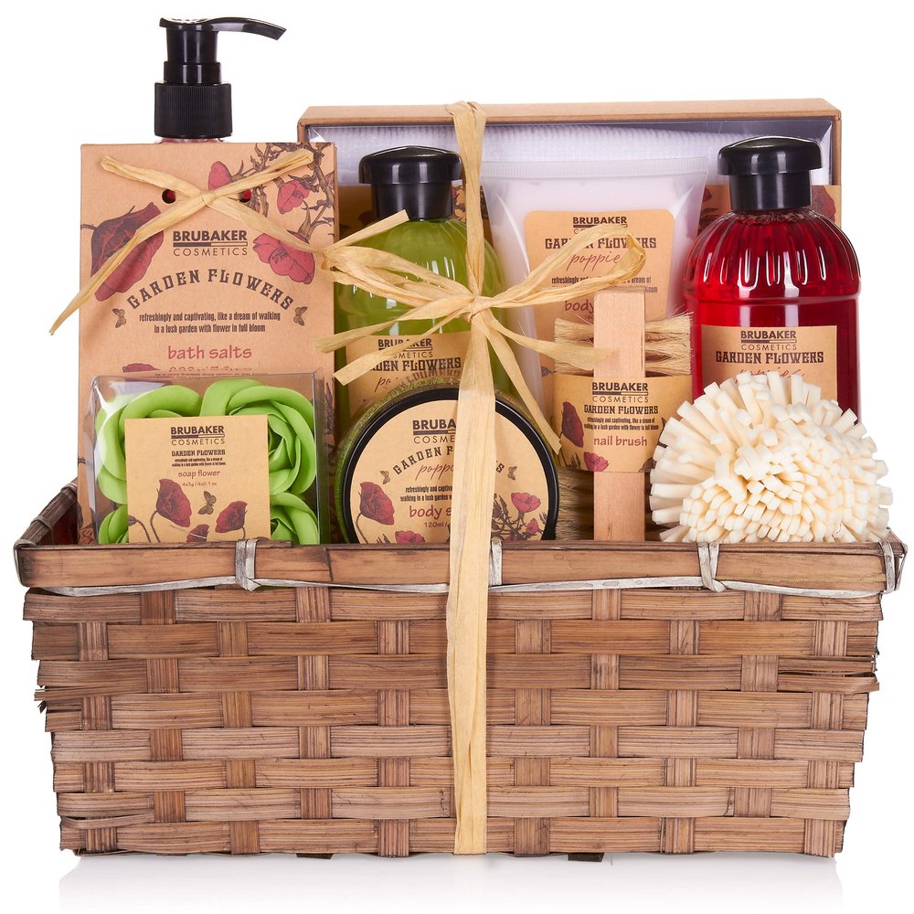 BRUBAKER Cosmetics Home Spa Gift Set - Garden Poppies Flowers - 14 Pcs Bath & Body Gift Basket for Women and Men