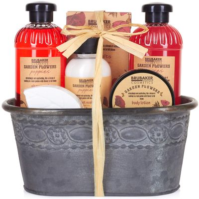 BRUBAKER Cosmetics 7 Pcs Bath Gift Set 'Garden Flowers' in Vintage Metal Tub - Red Poppies Scent - Home Spa Set