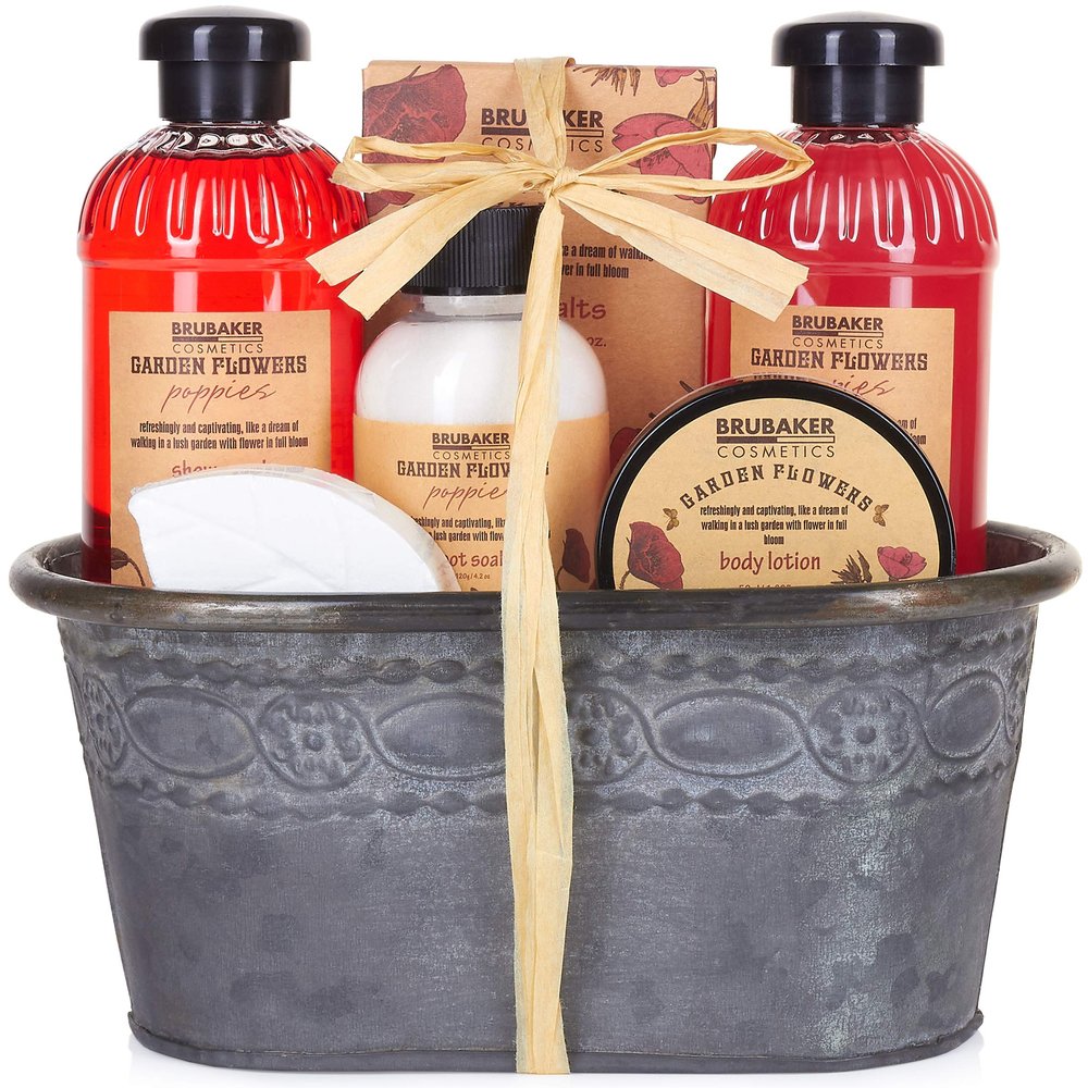 BRUBAKER Cosmetics 7 Pcs Bath Gift Set 'Garden Flowers' in Vintage Metal Tub - Red Poppies Scent - Home Spa Set