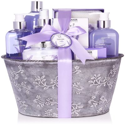 BRUBAKER Cosmetics Relaxing at Home Spa Gift Basket - Fresh Lavender - 9 Pcs Bath & Body Gift Set Including Vintage Planter