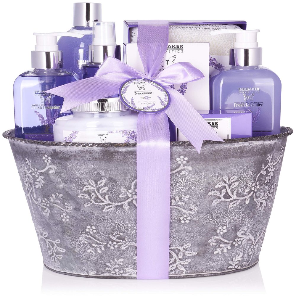 BRUBAKER Cosmetics Relaxing at Home Spa Gift Basket - Fresh Lavender - 9 Pcs Bath & Body Gift Set Including Vintage Planter