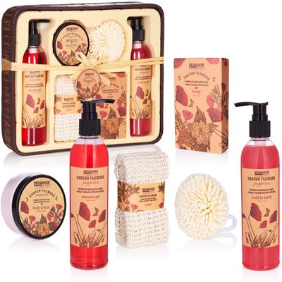 BRUBAKER Cosmetics Home Spa Gift Box - Garden Poppies Flowers Scent - 7 Pcs Bath Gift Set For Women and Men