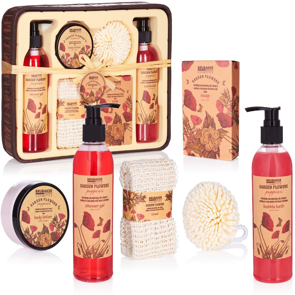 BRUBAKER Cosmetics Home Spa Gift Box - Garden Poppies Flowers Scent - 7 Pcs Bath Gift Set For Women and Men