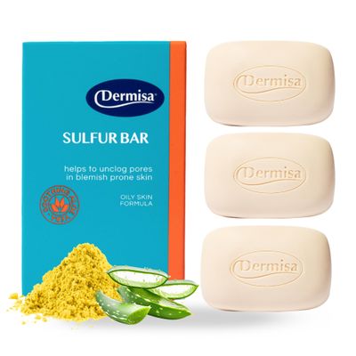 Dermisa Sulfur Bar with Aloe Vera | Helps to Cleanse Oily Acne-Prone Skin and Unclog Pores | Contains Sulfur + Aloe Vera | No Parabens, No Animal Testing | 3 oz | Pack of 3