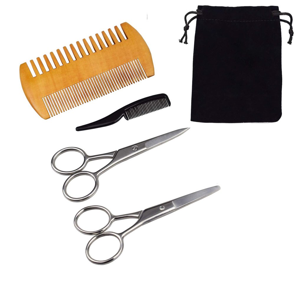 Motanar 4-Piece Beard Scissors Set, Grooming Scissors, Mustache & Beard Combs, Storage Bag