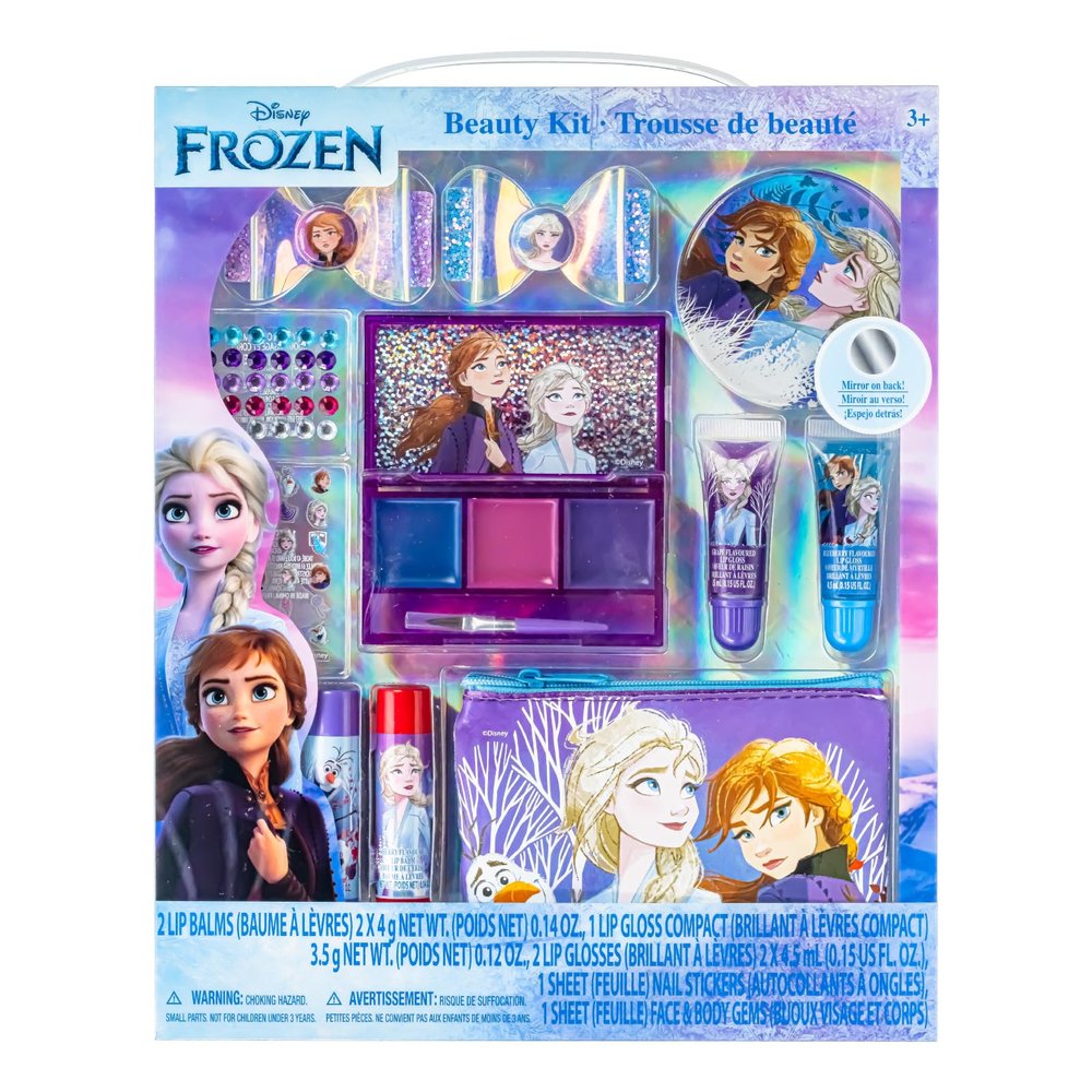 Disney Frozen Super Sparkly Cosmetic Beauty Makeup Set For Girls with Clips, Lip Gloss, Nail Stickers, Lip Balm, Nail Gems and Mirror For Parties, Sleepovers & Makeovers by Townley Girl 