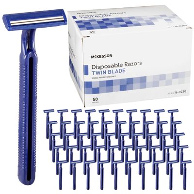 McKesson Disposable Razors [50 Count]  Twin Blade Bulk Shaving Razors for Men & Women, Stainless Steel, Blue, Single-Use for Medical Clinics, Tattoo, Travel, Camping & Salon Care