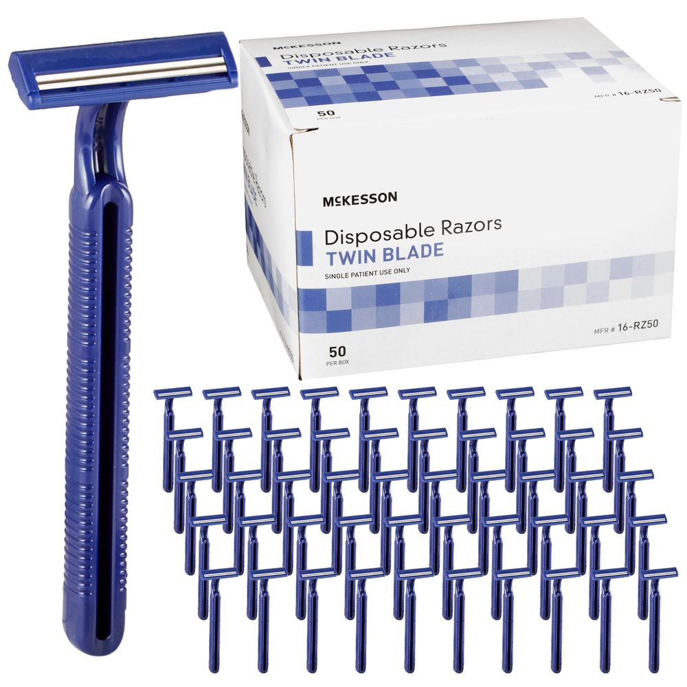 McKesson Disposable Razors [50 Count]  Twin Blade Bulk Shaving Razors for Men & Women, Stainless Steel, Blue, Single-Use for Medical Clinics, Tattoo, Travel, Camping & Salon Care