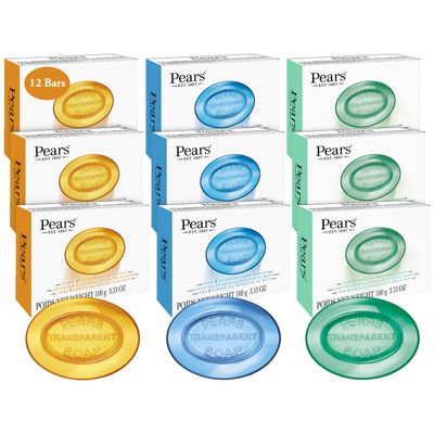 Pears Glycerin Soap Variety 12-Pack Transparent Amber, Blue & Green Bars for Soft, Glowing Skin, 3.53 Oz Ea