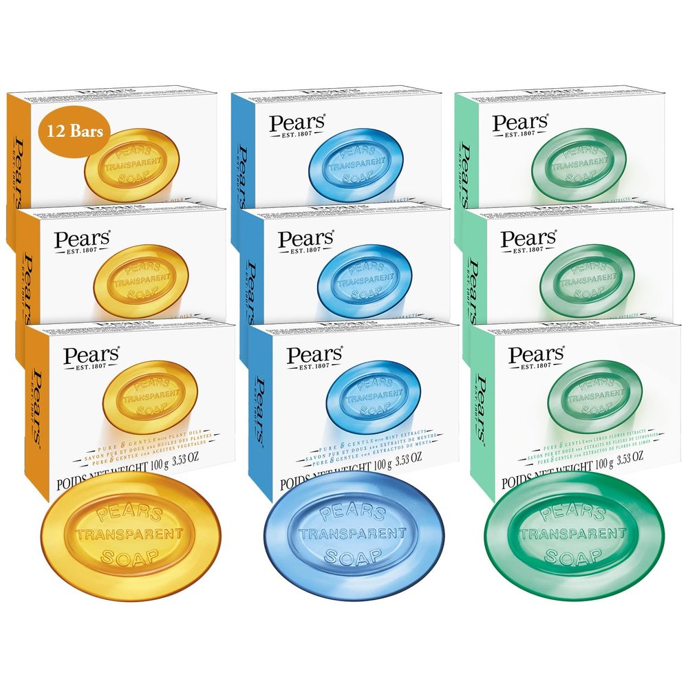 Pears Glycerin Soap Variety 12-Pack Transparent Amber, Blue & Green Bars for Soft, Glowing Skin, 3.53 Oz Ea