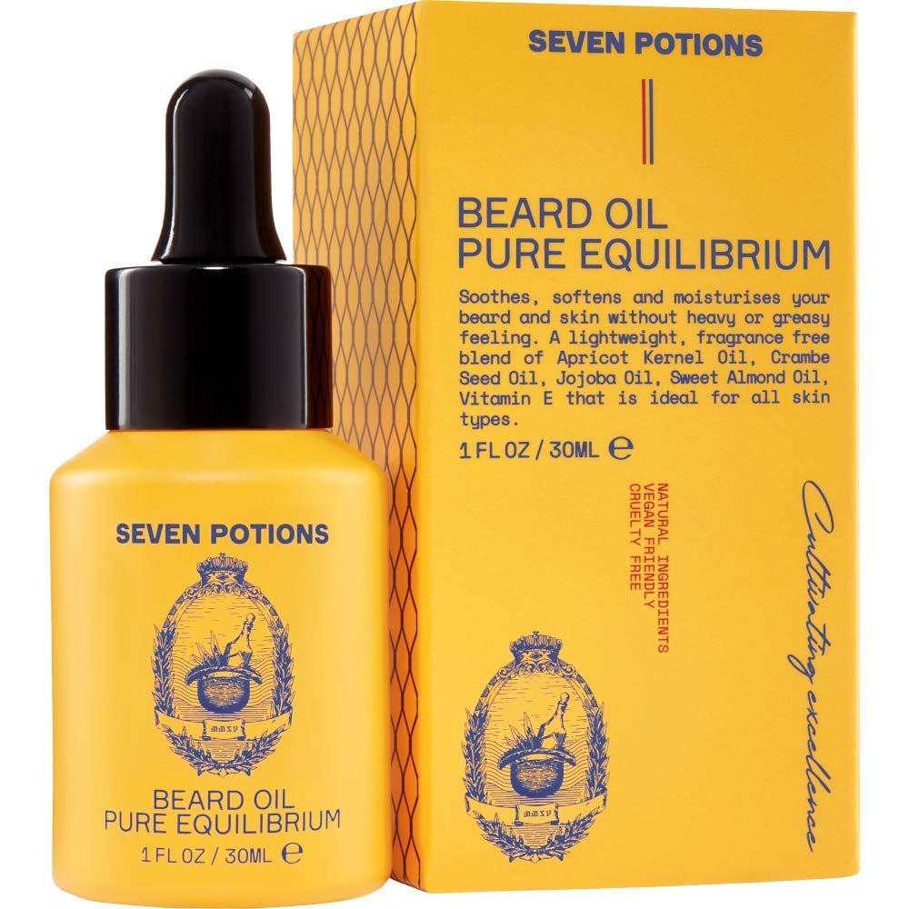 SEVEN POTIONS Natural Beard Oil for Men 1 FL OZ / 30ml Fragrance Free & Unscented Beard Softener & Conditioner Vegan Conditioning Oil That Helps Prevent Itch & Dandruff (Pure Equilibrium)