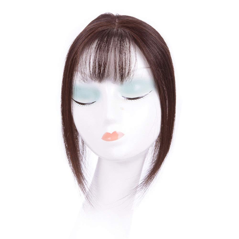 Remeehi Mono Hand Tied Straight Clip in 100% Human Hair Topper Piece Flat Bangs Fringe for Womens Grils(7x10cm/2.8x4" Long,Dark Brown)