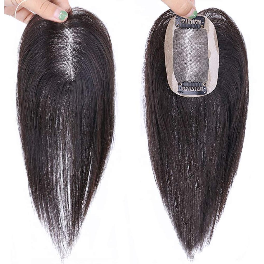 LXUE Human Hair Clip in Toppers Toupee, 7x10cm Hand Tied Mono Topper Hairpieces for Women with Thinning Hair, 14" Brown