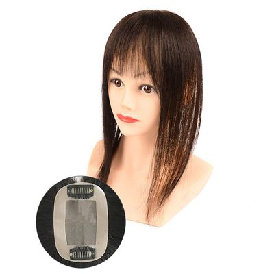 Real Human Hair Toppers with Straight Bangs, Hand Tied Clip in Wiglet Topper Wiglet Hairpieces for Women with Hair Loss, 10" Dark Brown