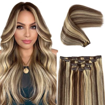 Clip in Hair Extensions Human Hair, 15 Inch Brown Highlights Blonde Hair Extensions Real Remy Human Hair Clip-in Thick Full Brown Hair with Blonde Clip ins, Lightweight to Wear