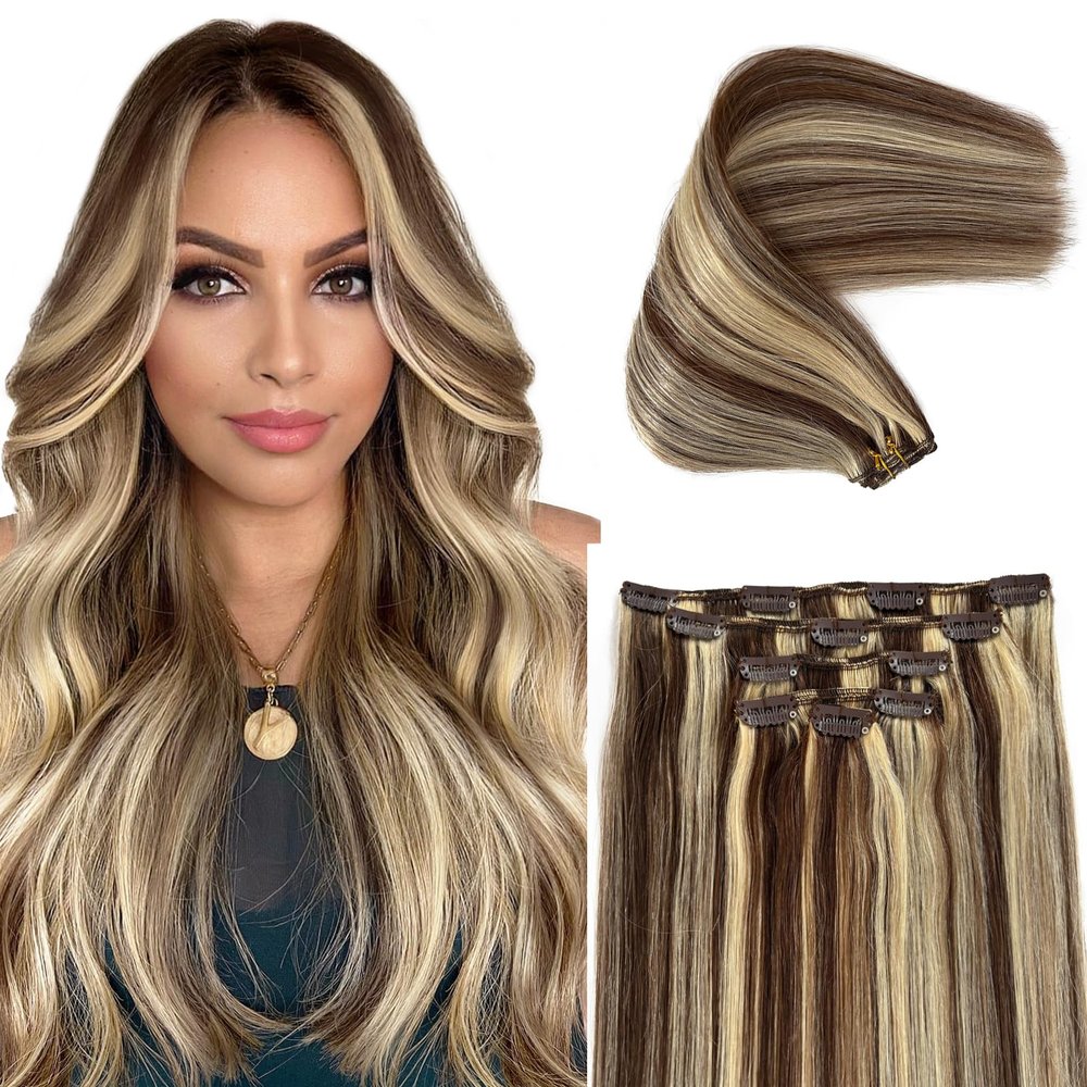 Licoville Human Hair Extensions Blonde and Brown Clip in Hair Extensions Real Human Hair Seamless Straight Blonde Highlights Medium Brown Clip ins for Thickness 22 Inch Can be Curled
