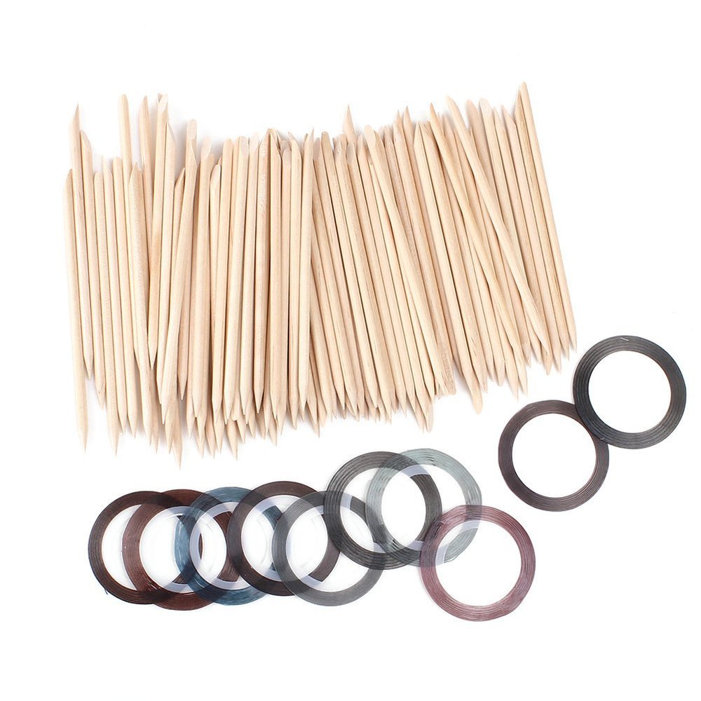 2013newestseller New Nail Art Kits-100pcs Wood Stick Cuticle Pusher Remover Manicure Pedicure Tool+10 Pcs Pretty Sticker Rolls Striping Tape Line Decoractions