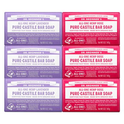 Dr. Bronner's - Pure-Castile Bar Soap, Rose 5 Ounce (3) and Lavender 5 Ounce (3) - Made with Organic Oils, For Face, Body and Hair, Gentle and Moisturizing, Biodegradable, Vegan, Cruelty-free, Non-GMO