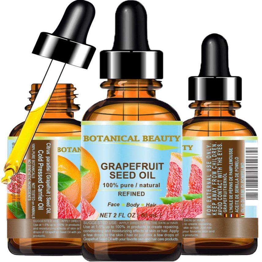 Botanical Beauty GRAPEFRUIT SEED OIL. 100% Pure Natural Undiluted Refined Cold Pressed Carrier Oil (NOT ESSENTIAL OIL) 2 Fl Oz - 60 ml for Face, Skin, Hair, Lips and Nails. Rich in Vitamin C