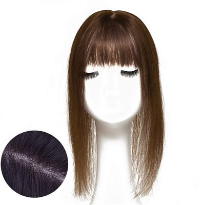 Human Hair Toppers for Women, Wiglet Topper Hairpieces with Bangs Clip in, 2.4"x 4.7" Mono (14" Chestnut Brown)