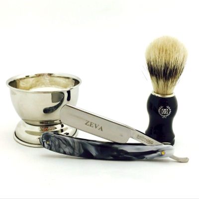 4 Pc Wet Straight Razor, Cup, Soap, Bristle Shaving Brush Set for Him