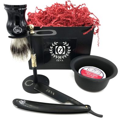 Classic 5 Pc Shave Ready Men Straight Edge Razor Shaving Set Kit All Black