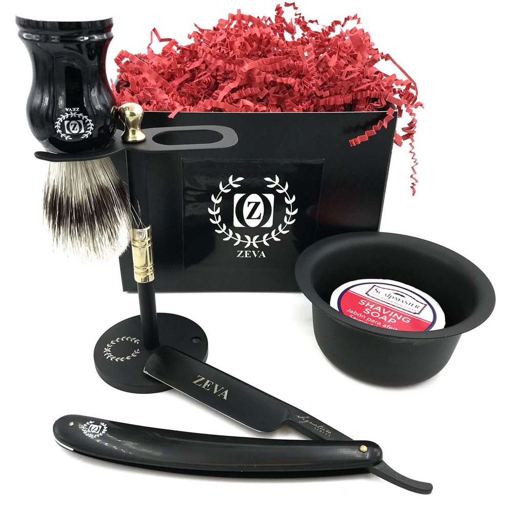 Classic 5 Pc Shave Ready Men Straight Edge Razor Shaving Set Kit All Black