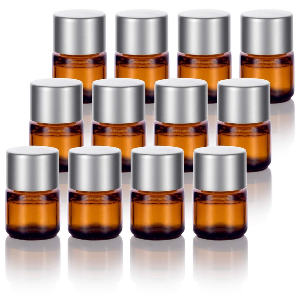 (12 Pack) 5 ml Amber Glass Thick Wall Jars with Silver Lids