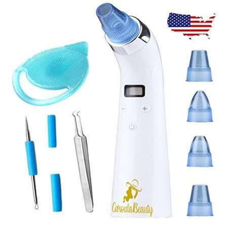 Best Blackhead Remover Vacuum Pore/Acne Cleaner Comedo Suction, LED display, USB rechargable with Bonus Blackhead Tweezer Set and Silicone Face Brush