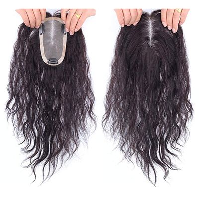 Mono Real Human Hair Toppers for Women, 9x14cm Topper Curly Top Hairpieces with Clips for Thinning Hair (10" Dark Brown)