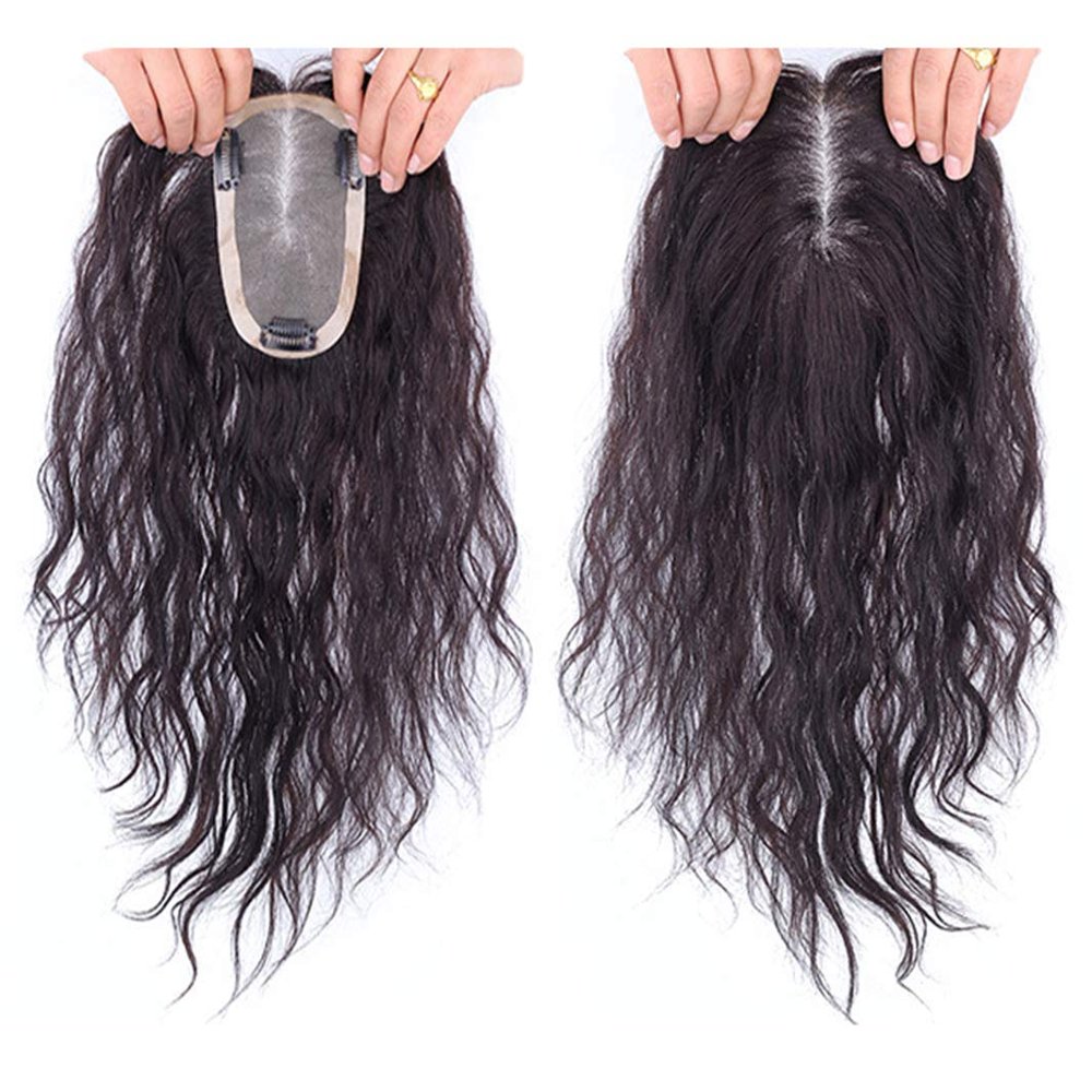 Mono Real Human Hair Toppers for Women, 9x14cm Topper Curly Top Hairpieces with Clips for Thinning Hair (10" Dark Brown)