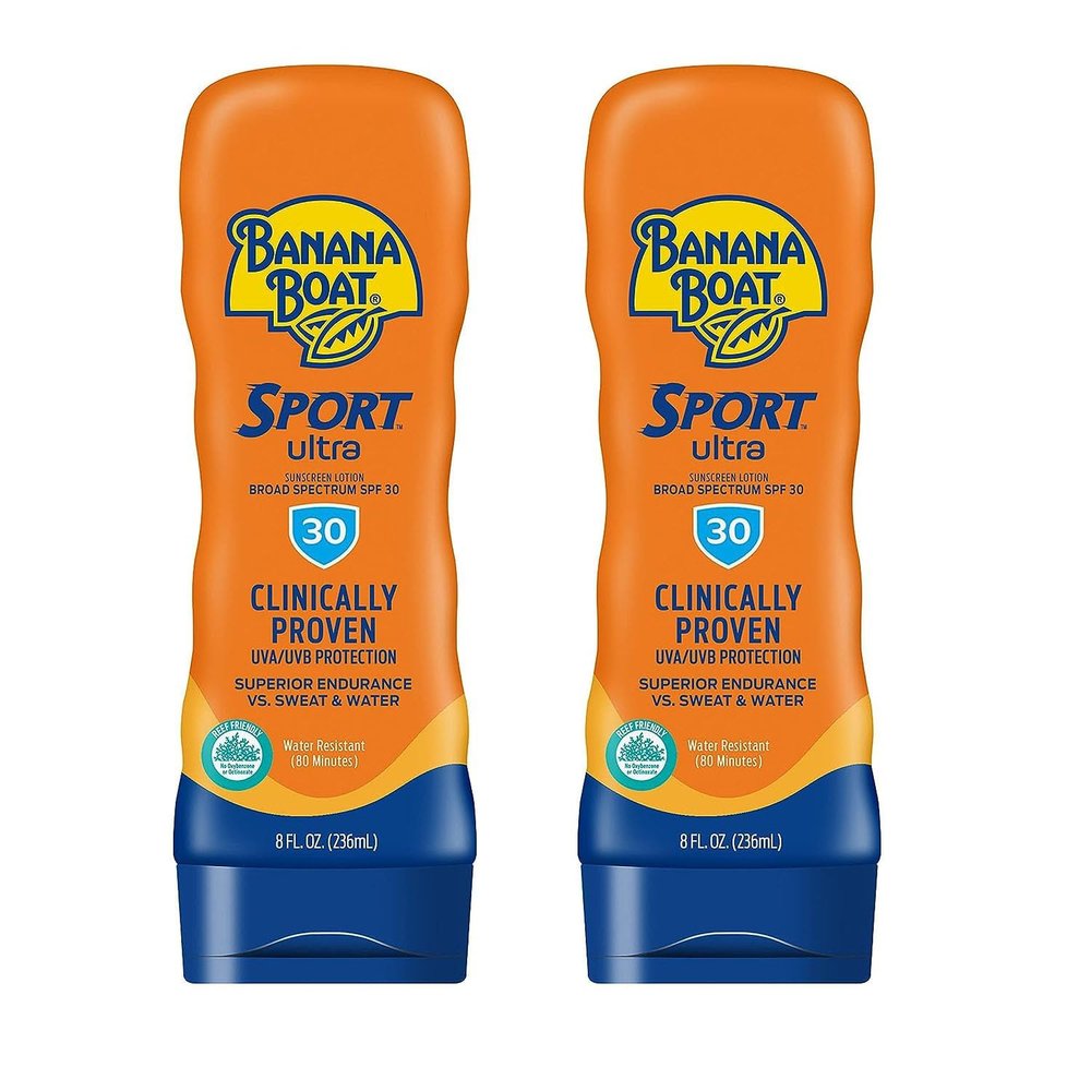 Banana Boat Water Resistant Sport Performance Broad Spectrum SPF 30 Sunscreen Lotion, Swim Splash Sport - Up to 80 Minutes Water Resistant, 8 Fl Oz (Pack of 2) Packaging May Vary