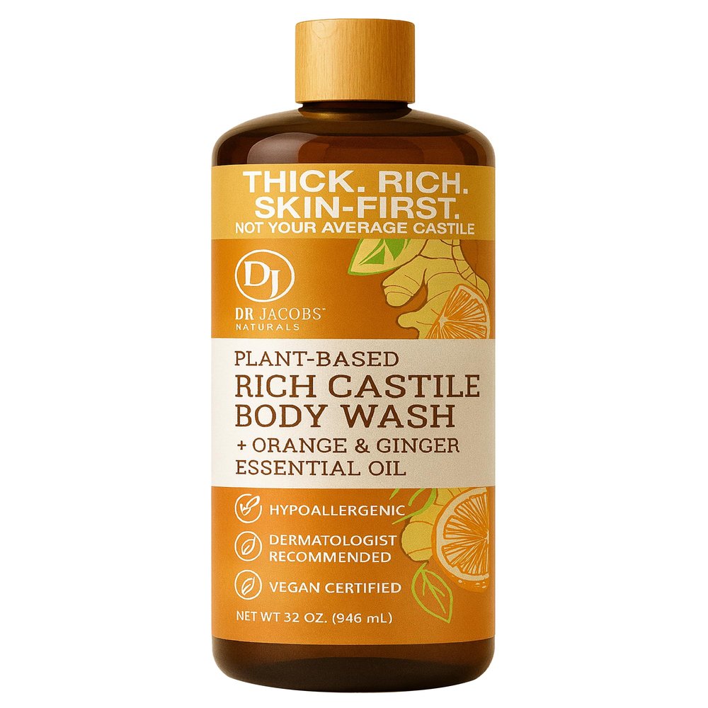Dr. Jacobs Naturals Pure Castile Soap Liquid Body Wash, Orange & Ginger - Plant Based Soap Infused with Vitamin E & Aloe Vera to Moisturize Dry and Sensitive Skin - Made in the USA - 32 oz, Pack of 1