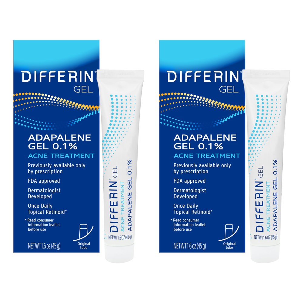 Differin Acne Treatment Gel, 60 Day Supply, Retinoid Treatment for Face with 0.1% Adapalene, Gentle Skin Care for Acne Prone Sensitive Skin, 15g Tube (Pack of 2) (Packaging May Vary)