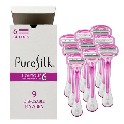 Pure Silk Contour 6 Premium Disposable Razor Value Pack Bundle (3 Packs/9 Total Razors)