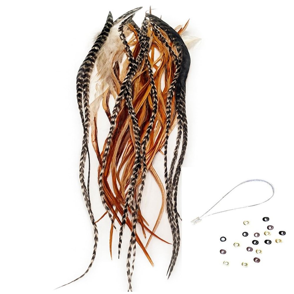 Sexy Sparkles Feather Hair Extension 25 Loose Long Natural Rooster Feathers in Brown, Beige, and Grizzly, All Individual Feathers, Ranging From 6 to 11 Inches in Length