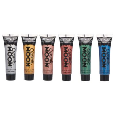 Cosmic Moon - Metallic Face Paint makeup for the Face & Body - 0.40fl oz - Create mesmerising metallic face paint designs! - Set of 6 - Includes: Silver, Gold, Rose Gold, Red, Green, Blue